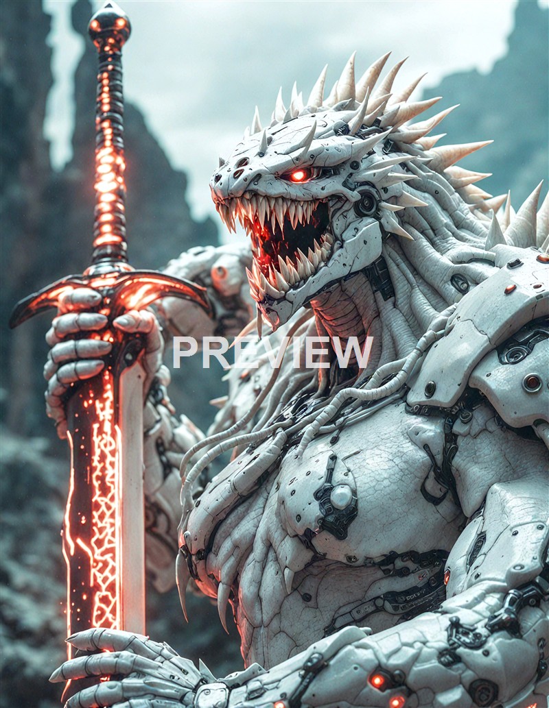 A highly detailed, futuristic robotic dragon with glowing red eyes, sharp teeth, and a large sword, set against a rocky, misty background.